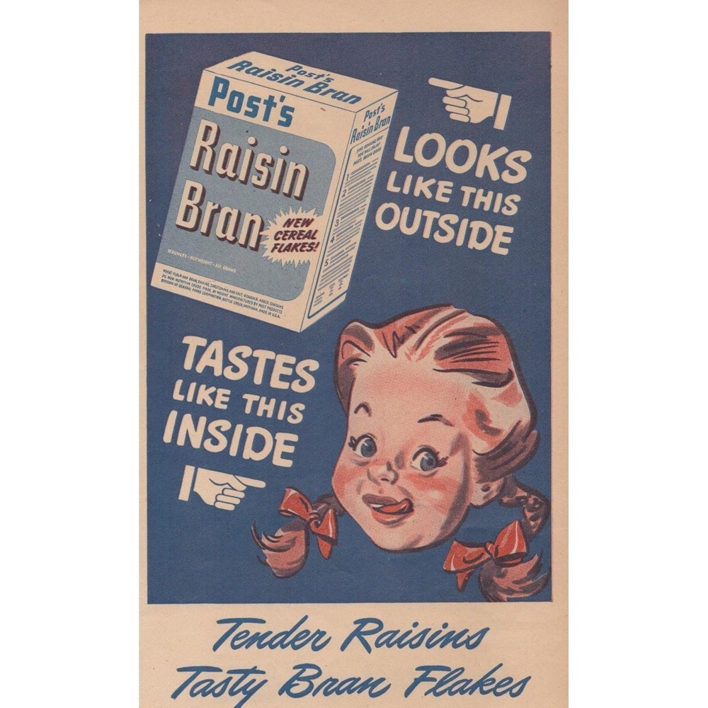 Vintage 1945 Post Raisin Bran Print Ad Cereal World War 2 Era Advertising
